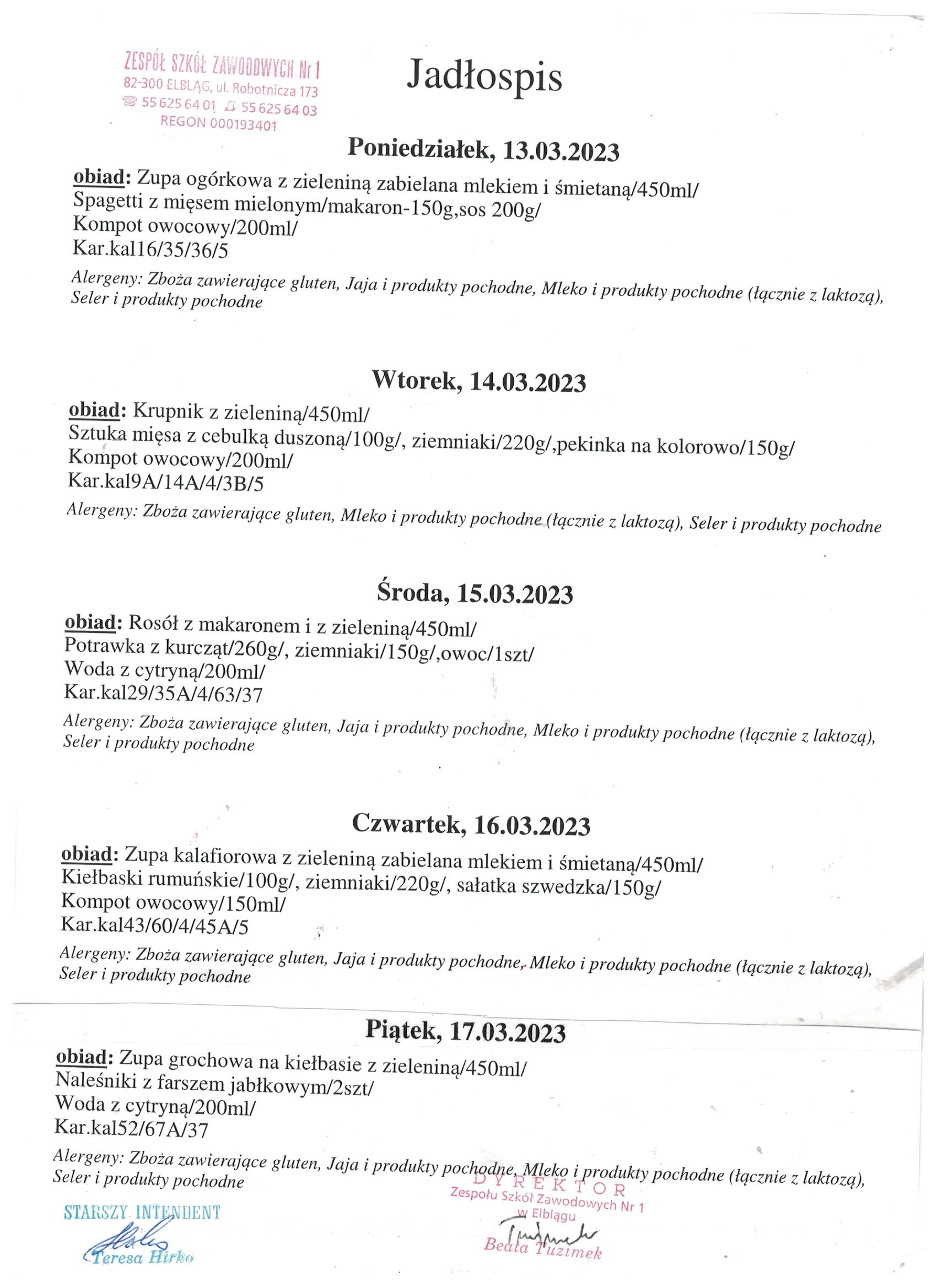 Jadłospis na tydzień 13-17 marca.